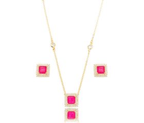 CONJUNTO BRINCO E CORDÃO ROSA DE OURO